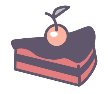 Fırın ürünleri, üzeri jöleli pasta ve yapraklı kiraz meyvesi. Bisküvi şekerli ürünler dükkanda ya da dükkanda. Kafe veya restoranda lezzetli yemek ve şekerlemeler. Yemek menüsü. Düz biçimli vektör