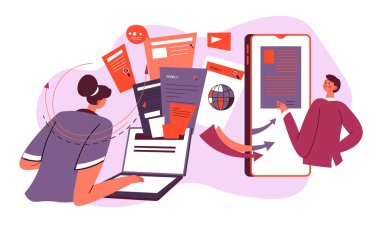 Projeler için akıllı telefonları ve cihazları kullanan karakterler, iş kurma ve geliştirme. Pencereler ve oklar, bilgi ve çizelgeler. İşçiler yönetmene yardım ediyor. Düz biçimli vektör