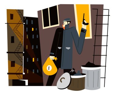 Silah ve çantasında çalıntı parayla sokakta dolaşan tehlikeli bir hırsız. Silahlı bir suçlu ve bankadan mali varlıkları var. Gecekondu mahallesinde hırsız ve suçlu, dolandırıcı ya da dışarıda şüpheli. Düz biçimli vektör