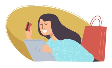 Kadın karakter alışverişi ve çevrimiçi mağazalardan ve mağazalardan ürünler almak. Siparişleri ödemek için kredi kartı kullanan bir kadın. Ticaret ve tüketicilik. Çantalı kız. Düz biçimli vektör