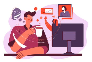 Erkek karakter kahve ya da çay içip televizyonda haber izliyor. Bilgisayar başında oturan ya da televizyona bakan bir adam. Modern medya ve sosyalleşme teknolojileri. Düz biçimli vektör