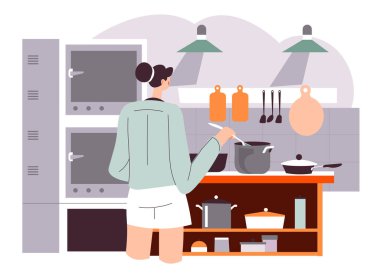 Kadın, restoranda ya da lokantada çorba ya da nefis yemekler pişiriyor. Kadın karakter kaynayan yemekleri karıştırıyor. İşte yemek hazırlamak, aileme kahvaltı hazırlamak ya da akşam yemeği hazırlamak. Düz biçimli vektör