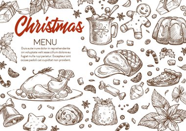 Geleneksel yemek menüleri Xmas kutlaması için. Noel ürünleri ve yemekler, fırında tavuk ve puding, zencefilli kurabiye ve sıcak içecek. Tek renkli çizim taslağı, düz biçimli vektör