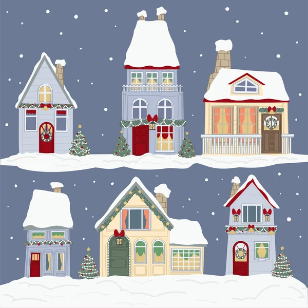 Edifícios Cobertos Neve Decorados Com Grinaldas Guirlandas Para Férias Natal — Vetor de Stock