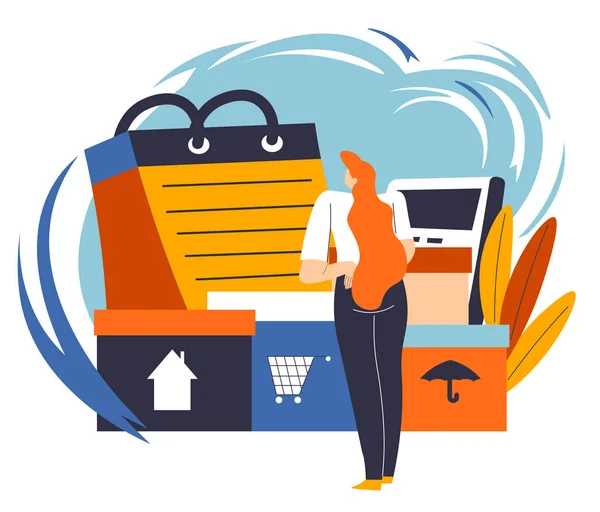 Kobieta Szuka Produkty Zakupione Podczas Zakupów Oszczędności Pieniędzy Planowanie Budżetu — Wektor stockowy