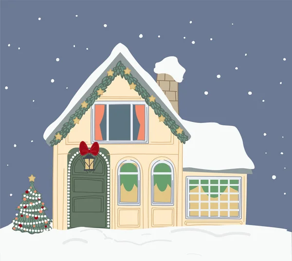 建筑物上的圣诞装饰屋顶上覆盖着雪 房子里有铃铛和花环外面有松树庆祝圣诞节 寒假和新年 外面的家 矢量呈扁平型 — 图库矢量图片