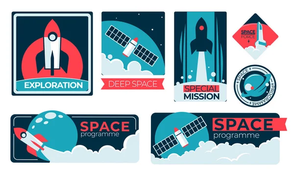 Satélites Lanzamiento Cohetes Naves Espaciales Cosmos Explorando Espacio Exterior Planetas — Vector de stock