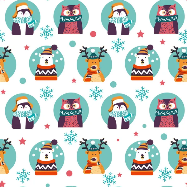Christmas Animals Wearing Warm Knitted Clothes Deer Penguin Owl While — Stock Vector