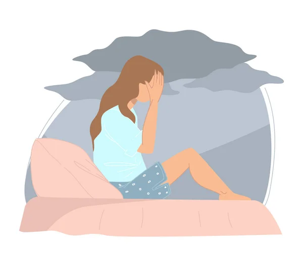 Frustrated Depressed Female Character Holding Head Hands Crying Bed Teenage — Stock Vector
