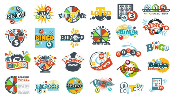 Lotteries Label Fortune Wheel Bingo Symbol Isolated Emblems Inscriptions Balls — Stock Vector