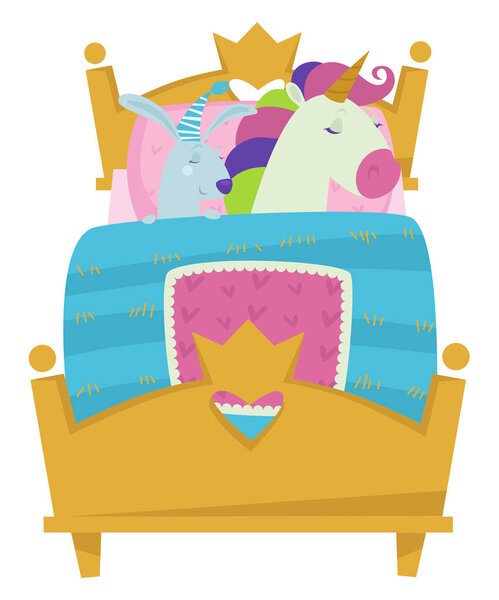 Fairy tale characters sleeping in bed, isolated sofa with crown and heart. Bedroom of princess with unicorn and rabbit having nap. Resting animals and fantastic creatures. Vector in flat style