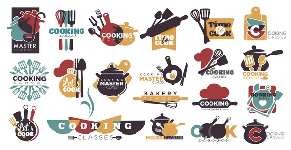 Yemek Hazırlama Kursları Yemek Kursları Çatal Bıçak Yazıtlı Amblemler Yapımı — Stok Vektör