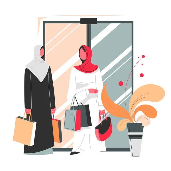 Personajes Femeninos Con Hiyabs Caminando Con Bolsas Compras Centro Comercial — Vector de stock