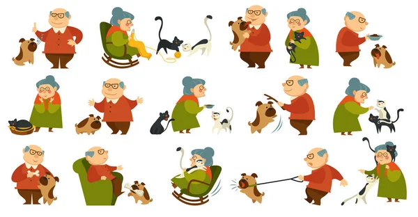 Personas Mayores Jugando Cuidando Gatos Perros Abuela Abuelo Con Mascotas — Vector de stock