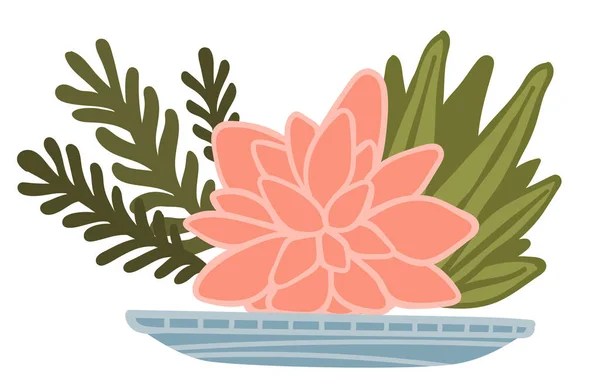 Feuillage Décoratif Avec Fleur Fleur Composition Isolée Sur Assiette Pot — Image vectorielle