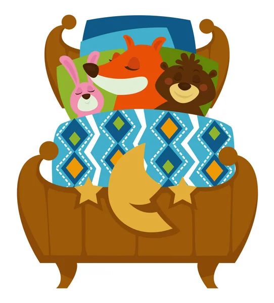 睡梦中的动物 狐狸和兔子 熊在沙发上打盹 童话人物独立睡的故事 可爱的兔子和朋友们在一起休息 国内的林地生物 矢量呈扁平型 — 图库矢量图片