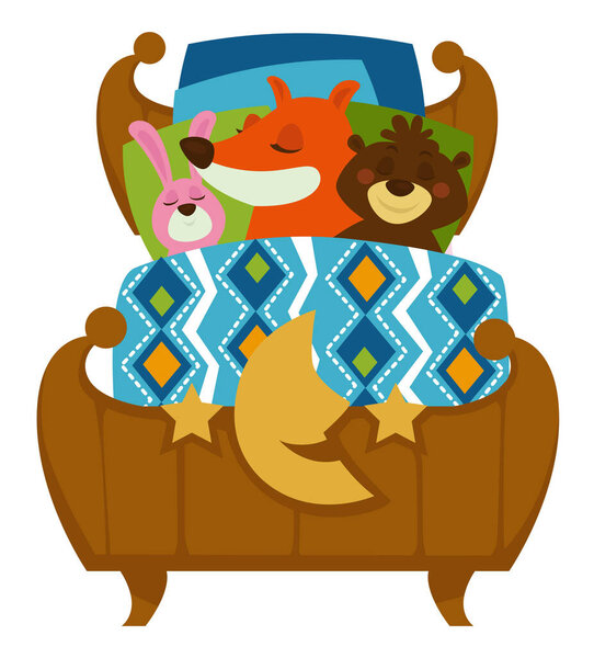 Sleepy animals in bed, fox and rabbit with bear taking nap on sofa. Fairy tale with characters sleeping isolated. Cute hare having rest with friends. Woodland creatures at home. Vector in flat style