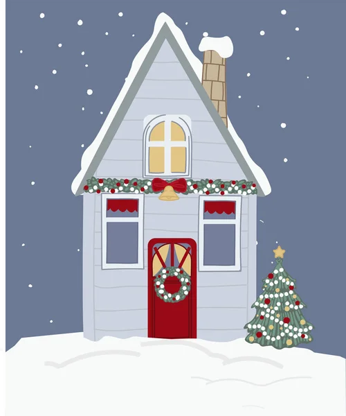 Σπίτι Καλυμμένο Χιόνι Διακοσμημένο Γιρλάντες Και Πεύκα Στεφάνι Και Εορταστικά — Διανυσματικό Αρχείο