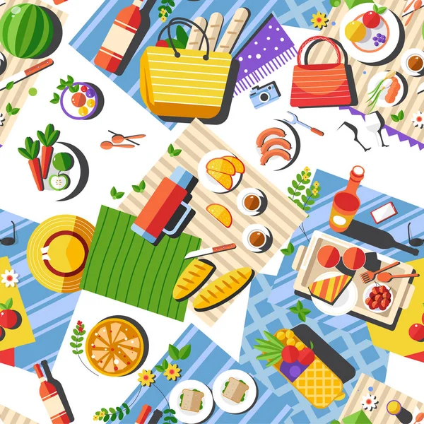 Top view of tablecloth with food and dishes for picnic. Hats and bags laying on blanket. Eating outdoors or camping on nature. Summertime vacation relax. Seamless pattern, vector in flat style