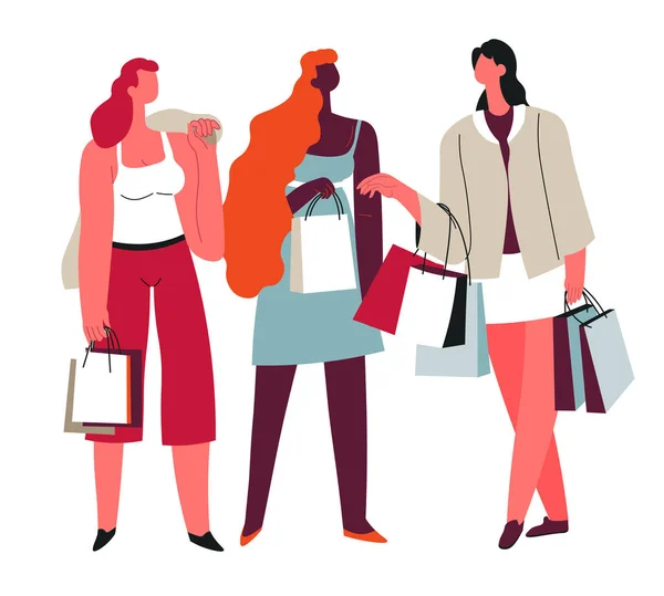 Mujeres Comprando Juntas Personajes Femeninos Aislados Pasando Los Fines Semana — Vector de stock