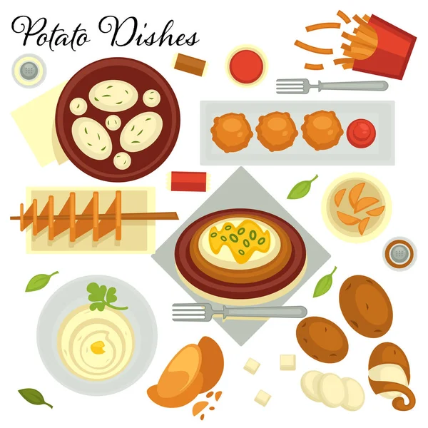 Dishes made of potato, isolated plates with french fries, crispy slices and mashed veggie. Soup or puree, prepared vegetable served in restaurant, cafe or diner. Menu meal vector in flat style — Stock Illustration Dishes Made Potato Isolated Plates French Fries Crispy Slices Mashed Stock Vector