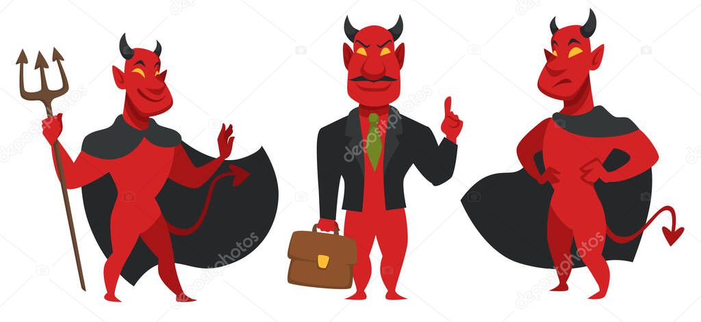 Evil businessman wearing suit and holding briefcase, deal with devil. Cunning character with angry facial expression. Person from hell, fallen angel with horns and tale. Vector in flat style