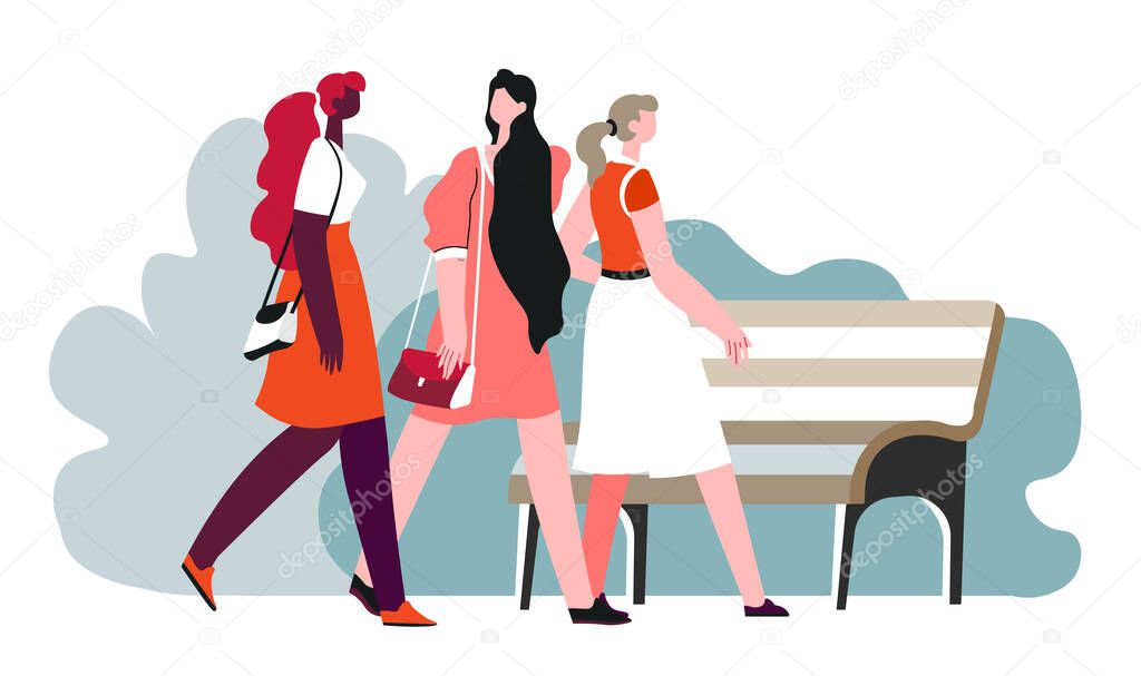Friends walking and spending time together on weekends. Women in park heading to wooden bench to sit and rest. Socialization and friendship of girls. Speaking ladies communication. Vector in flat