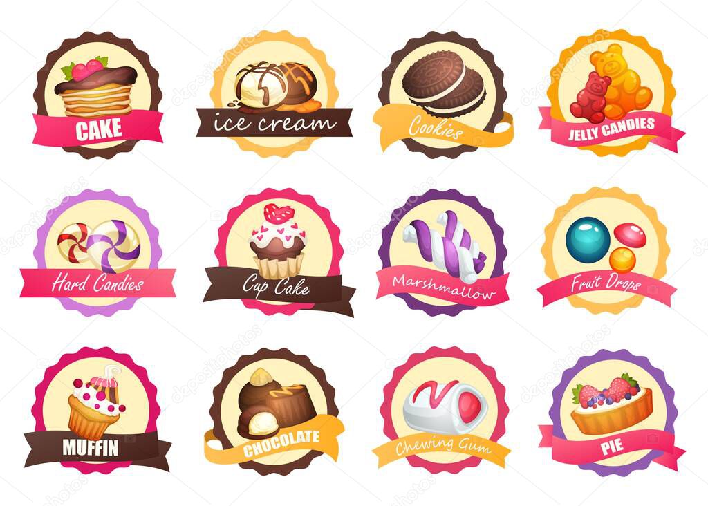 Set of logos with various sweets, vector illustration. Pastry with raspberries, ice cream, chocolate, jelly bear. Hard candy, colored marshmallows, fruit drops, berry muffin, chewing gum, pie