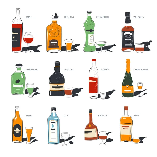 Botellas Con Bebidas Alcohólicas Con Etiquetas Recipientes Aislados Con Tragos — Vector de stock