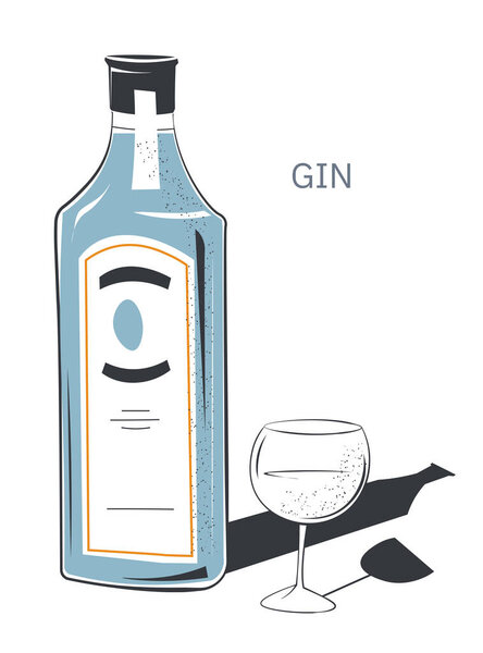 Alcoholic beverage in bottle, label or emblem with manufacturer. Dry gin with juniper flavor and smell. Drink for pubs, alcohol with herbs. Menu for restaurants or bars. Vector in flat style