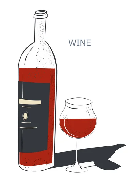 Fles Met Etiket Glas Gevuld Met Rode Wijn Geïsoleerde Icoon — Stockvector