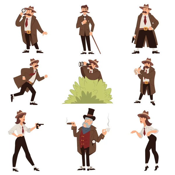 Team Experienced Detectives Crime Scene Mission Man Woman Characters Investigating — Stock Vector