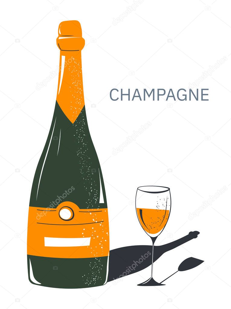 Alcoholic beverage, bottle with label and glass fillet with champagne. Celebration or tasting of alcohol in pub. Party or special event holiday. Menu for restaurants or bars. Vector in flat style