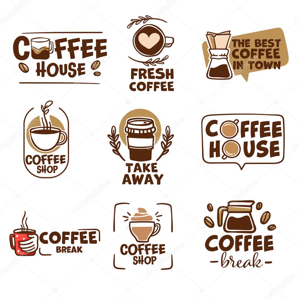Best coffee in town, cafe or shop emblems and logotypes with cups of aromatic beverage for take away. Roasted beans and taste of arabica. Latte or americano served in restaurant. Vector in flat style