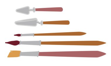 Sanat eserleri yaratmak için aletler ve araçlar, farklı kıllı sertleştirilmiş yalıtılmış fırçalar, spatula ve malalar. Sanat eserleri, sanatçılar ve öğrenciler için ekipmanlar. Düz biçimli vektör