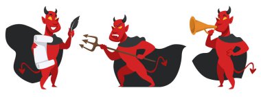 İtaatsiz insanlardan oluşan uzun bir listesi olan şeytan karakteri. Samanlığı ve trompeti olan kötü biri. Ürkütücü canavar, kızgın yüz ifadesi olan Lucifer. Cehennemin öfkeli tanrısı. Düz biçimli vektör