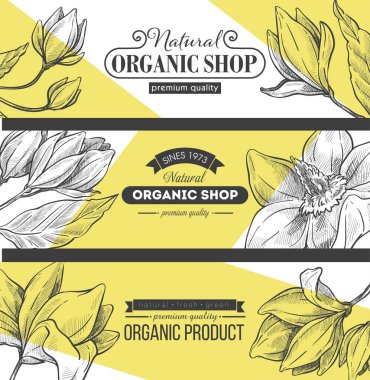 Organik ürünler ve malzemelerle dükkan ve mağaza. Web sitesi afişleri, internet sayfaları ve online satış. Ekoloji alışverişi, yüksek kaliteli. Tek renkli çizim taslağı, düz biçimli vektör