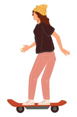 Şehirdeki ya da kasabadaki şehir hayatı, kaykayla dengede duran ve pratik yapan genç bir kız. Teknede kaykay sürmeyi öğretiyordu. Sıcak giysili ve şapkalı bir bayan. Hipster açık havada. Düz biçimli vektör