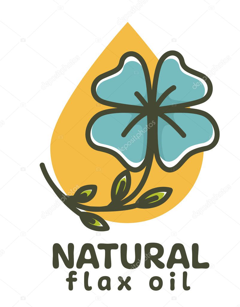 Organic and natural ingredient for cooking, flax oil. Flower with green leaves. Preparation of dishes or eco market assortment. Vegan and vegetarian. meal Label or emblem, vector in flat style