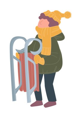 Kışın aktif yaşam tarzını yöneten, açık havada buz altında oynayan kalın giysiler giyen bir çocuk. Kızaklı bir karakter. Tepelerden inmek, kış tatilleri ve dışarıda boş vakit geçirmek. Düz biçimli vektör