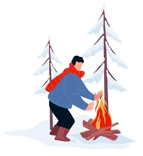 Male Character Traveling Relaxing Outdoors Man Standing Warm Bonfire Camping — Stock Vector