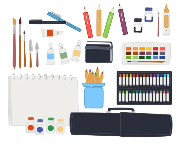 Kit para desenho, lápis de artistas e caderno — Vetor de Stock