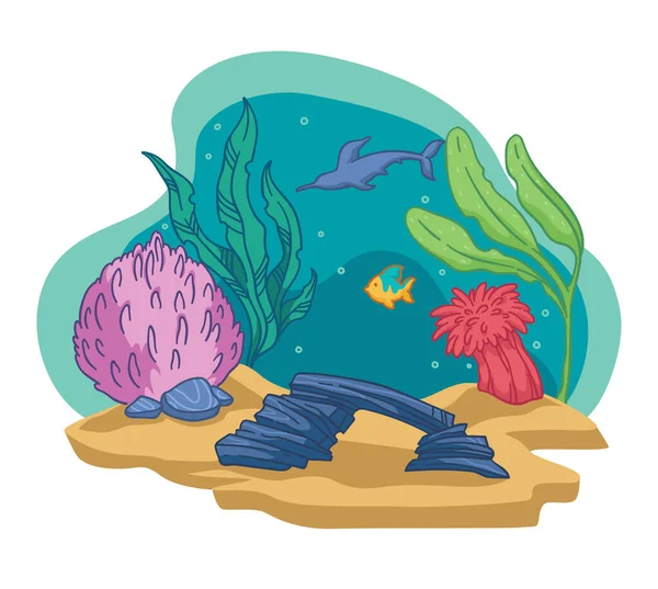 Tenger vagy óceán akváriuma vagy alja, hal és fű — Stock Vector