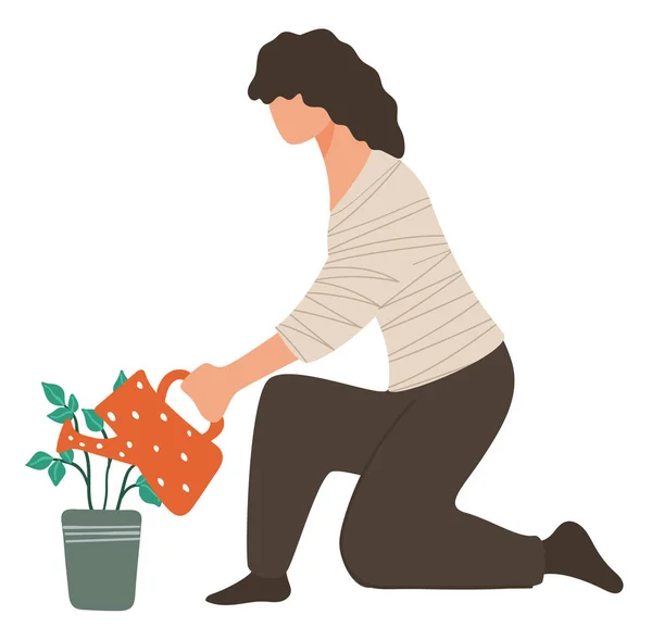 Personagem fêmea regando flor crescendo em vaso —  Vetores de Stock