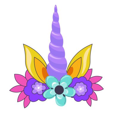 Kulakları ve dekoratif yaprakları olan tek boynuzlu at boynuzu.