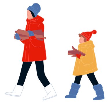 Kış kampı ve boş vakitler, odun taşıyan insanlar.