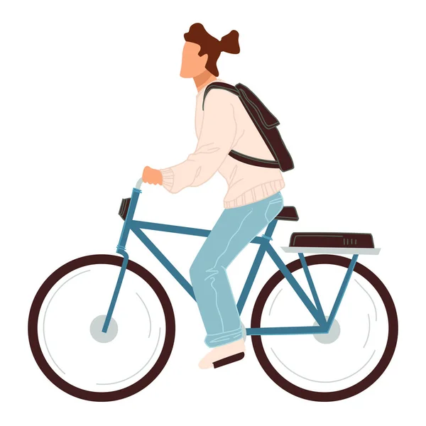 Carácter masculino montar en bicicleta, ciclista con bolsa — Archivo Imágenes Vectoriales