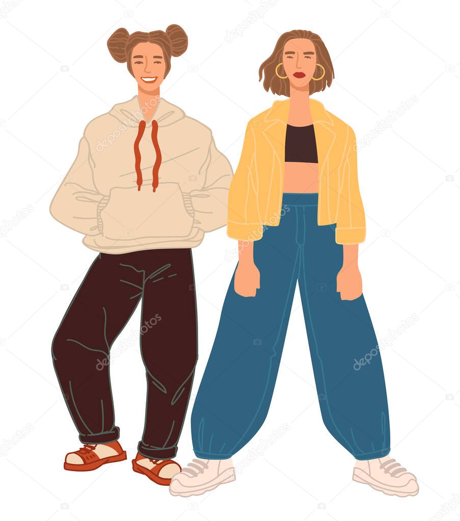Fashionable teenagers girls wearing modern clothes