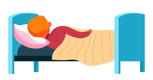 Niño cubierto con manta durmiendo en cama cómoda — Vector de stock