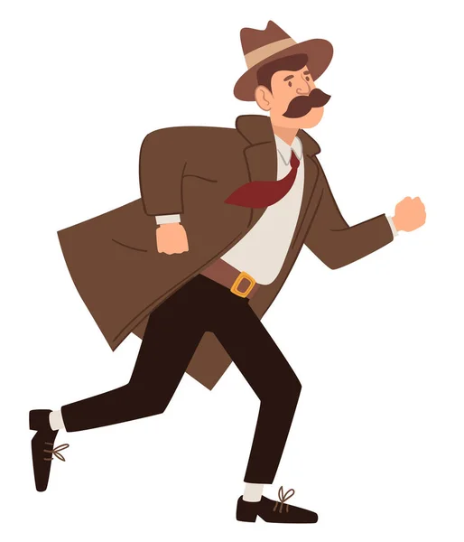 Vintage detective from past, running man vector — Stock Vector